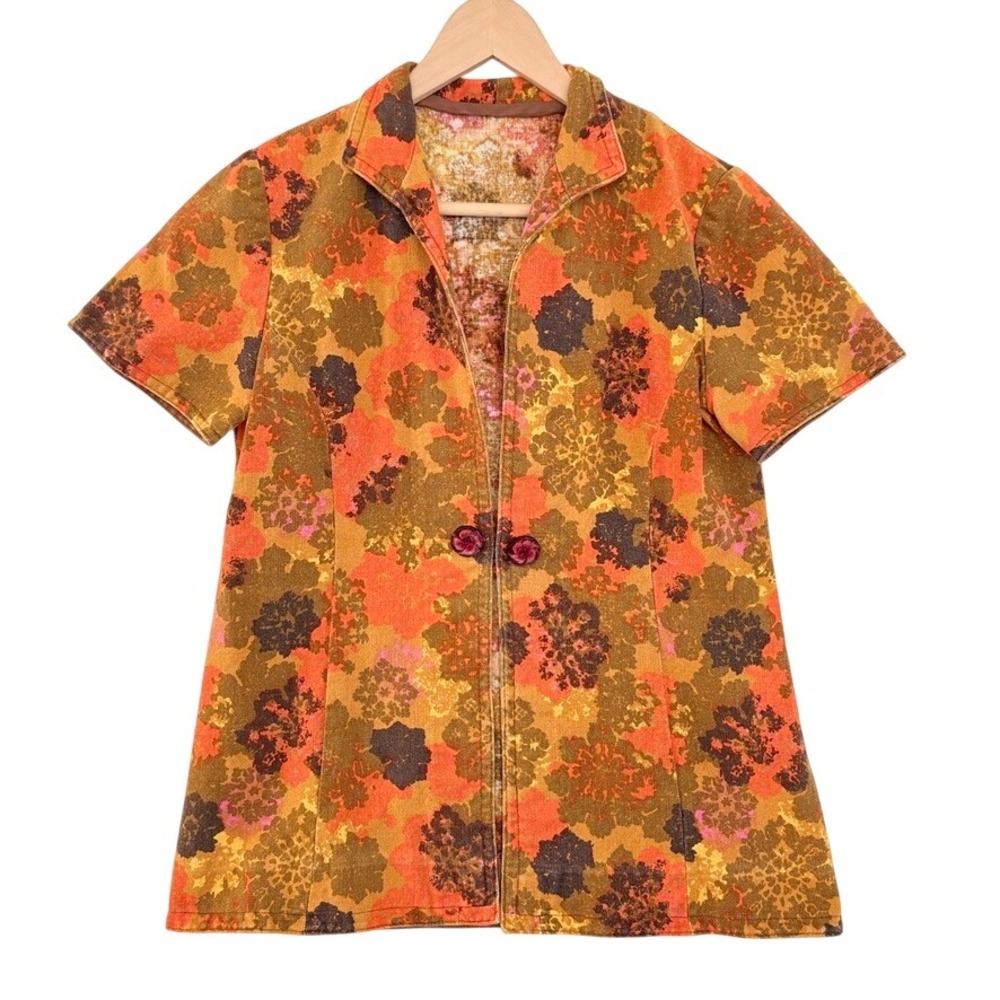 VTG Handmade 60s‎ Floral Retro Open Front Blouse Top Orange Brown Hippy Boho S